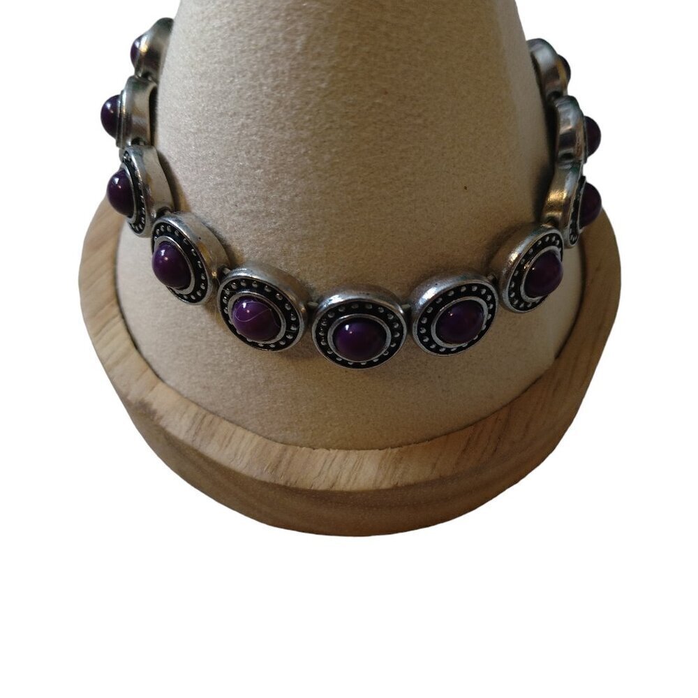 Purple And Silver Tone Beaded Stone Stretch Bracelet J28 - Picture 2 of 5